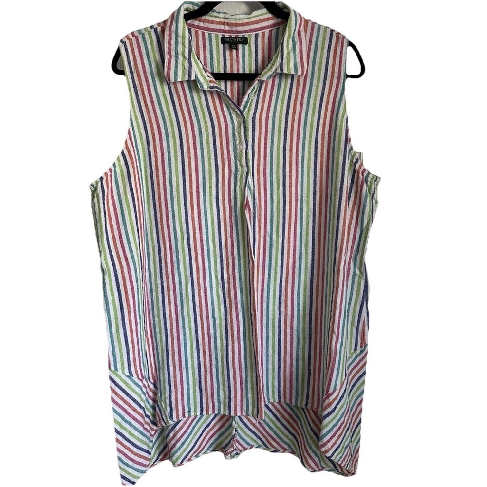 For Cynthia Rainbow Linen Blend Tunic Womens 2X Longline Stripes Coastal Summer